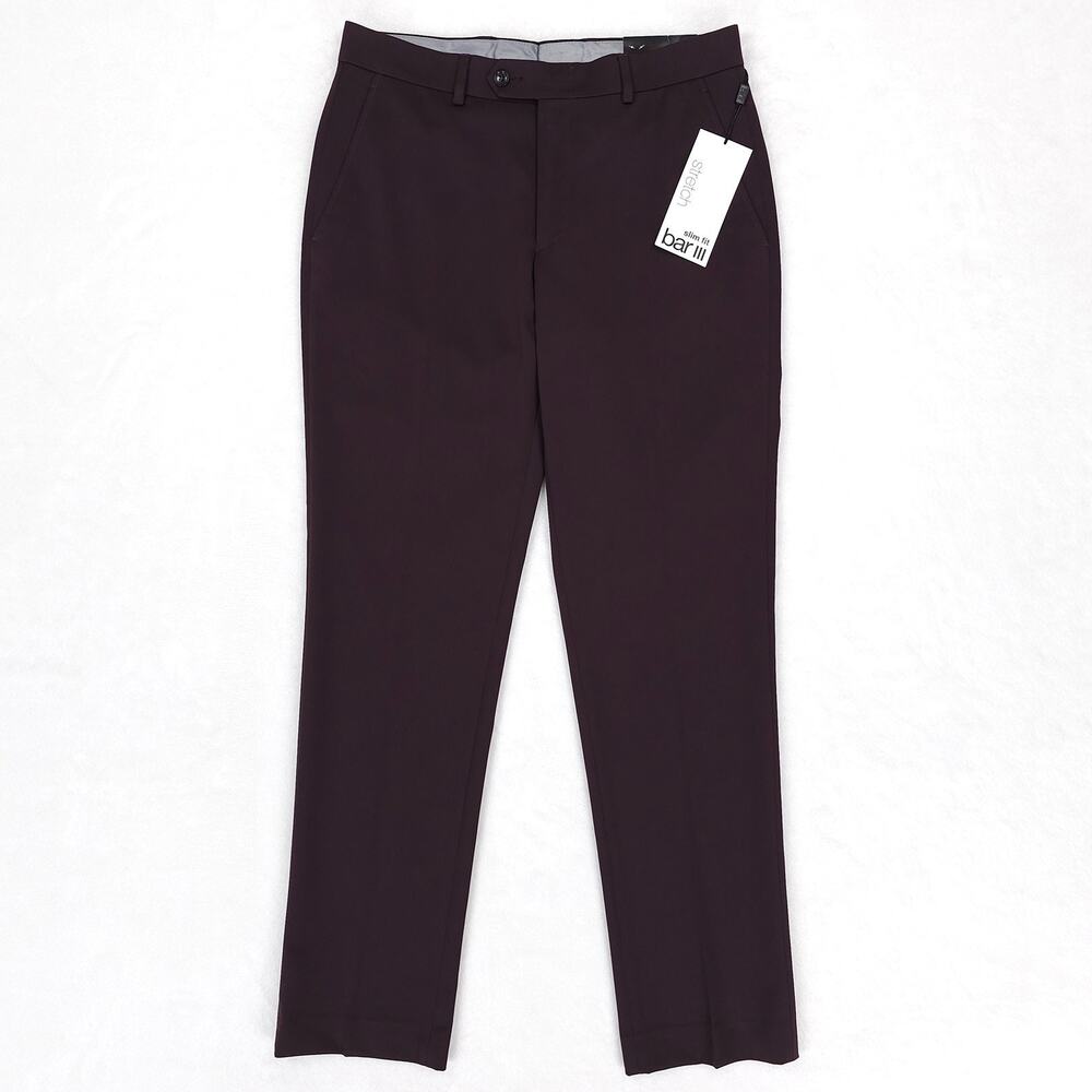 Bar III Mens Slim Fit Suit Pants 31x32 Dark Berry Red Solid Stretch Satin NWT